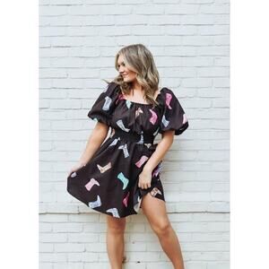 Peach Love Women’s Large Cowgirl Let’s Go Girls Black Boot Puff Sleeve Dress